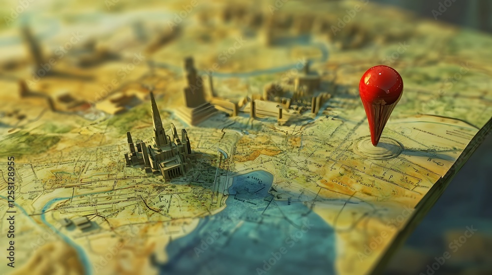 Poster aerial overhead view of a historic castle city on a detailed geographic map with a red location mark