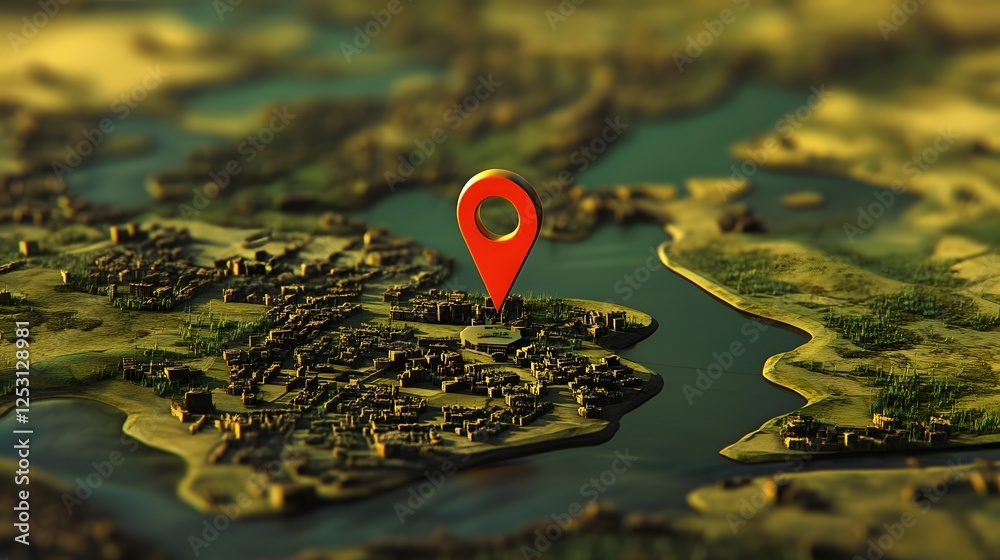 Leinwandbilder Aerial overhead view of a digital map with a GPS location pin pointer highlighting a specific destination or route for travel adventure or navigation on a journey