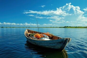 Fototapeta premium Small wooden boat with fishing gear and fresh catch floating on a serene lake under bright blue sky