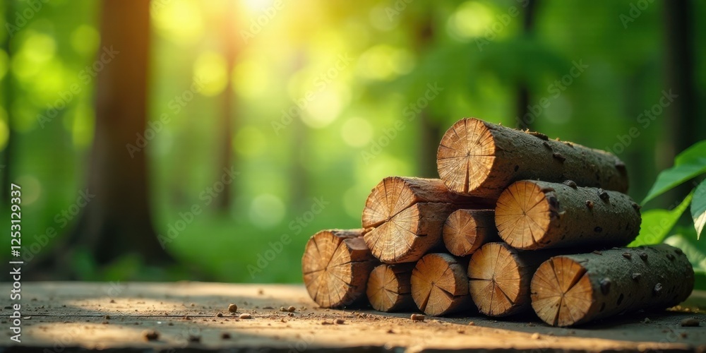 Aufkleber Stack of Wooden Logs in a Forest Setting at Golden Hour