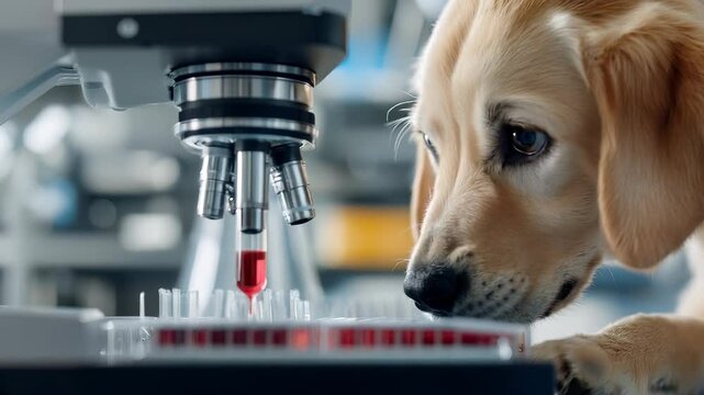 Dog Observing Microscope with Blood Sample in Scientific Laboratory Environment