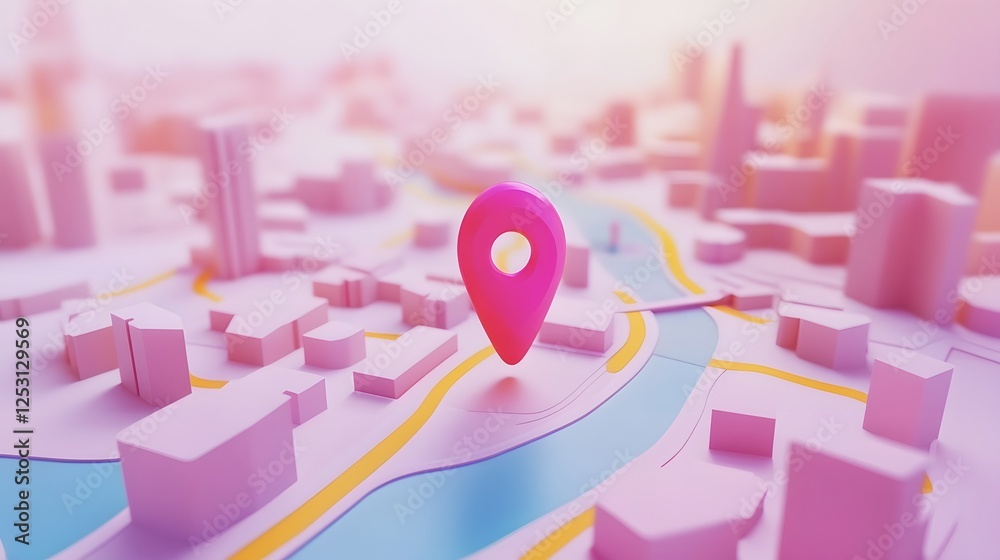 Fototapete Aerial overhead view of stylized city map layout with vibrant color coding and digital location marker pinned on a modern technology display interface  Conceptual image for urban planning navigation