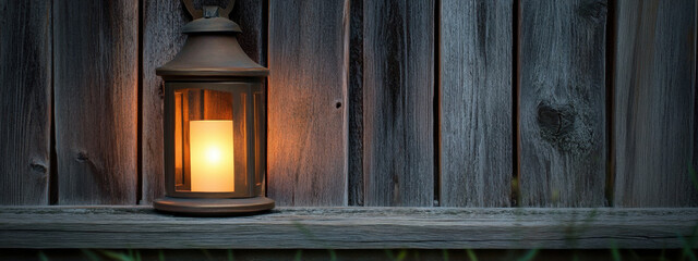 Warm glow of a lantern against a rustic wooden fence creates a cozy atmosphere in a quiet outdoor setting.