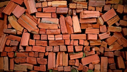 Fototapeta premium Variety of red bricks stacked haphazardly in a construction yard