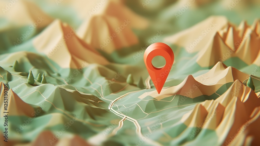 Aufkleber Aerial Panoramic View of Abstract Mountainous Terrain with Digital Navigation Pin Pointer Symbol Representing Destination or Landmark on a Conceptual Global Cartography Map