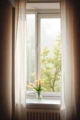 Tulips in a vase on a window sill, bright natural light, sheer curtains. Home decor and floral design.