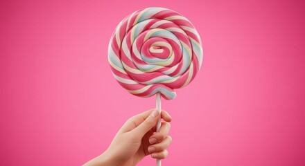 Hand holding colorful swirled lollipop against pink background