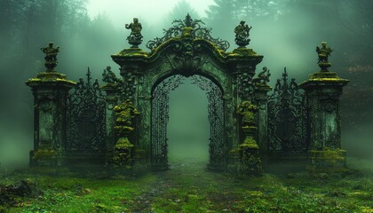 Fototapeta premium Mossy gate in foggy forest, mysterious entrance, fantasy setting