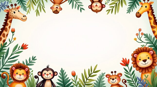 frame with animals copy space, animal frame border on background in watercolor style
