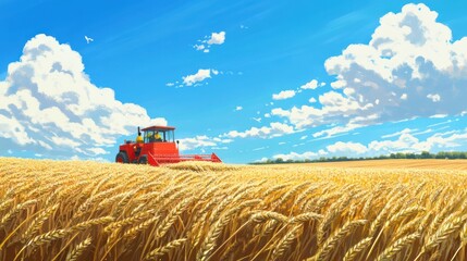 Fototapeta premium A red harvester is harvesting wheat in the field, and another farmer driving it is wearing yellow