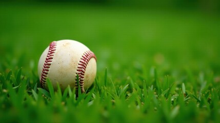 A well-worn baseball rests gently in the lush green grass, a symbol of summer games and outdoor leisure.