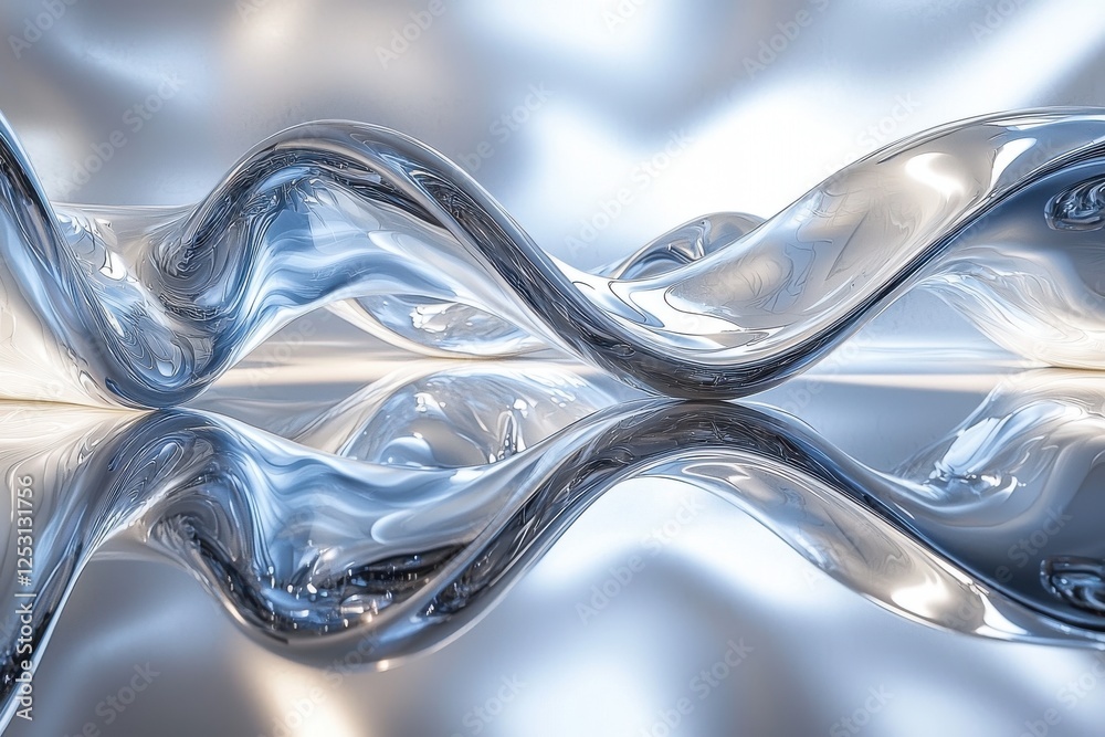 Poster Fluid mercury shapes create a dynamic surreal pattern on a reflective surface in a futuristic setting