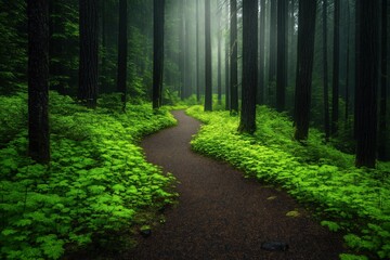 Naklejka premium A mystical forest trail surrounded by vibrant green foliage, with soft rain falling and mist drifting through tall trees, creating an ethereal and serene atmosphere