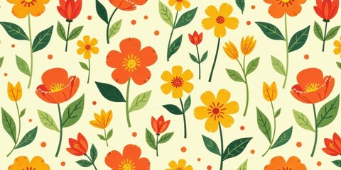 Vibrant Floral Pattern Featuring Orange and Yellow Blossoms, Delightful Springtime Design for Textile, Wallpaper, or Decorative Applications