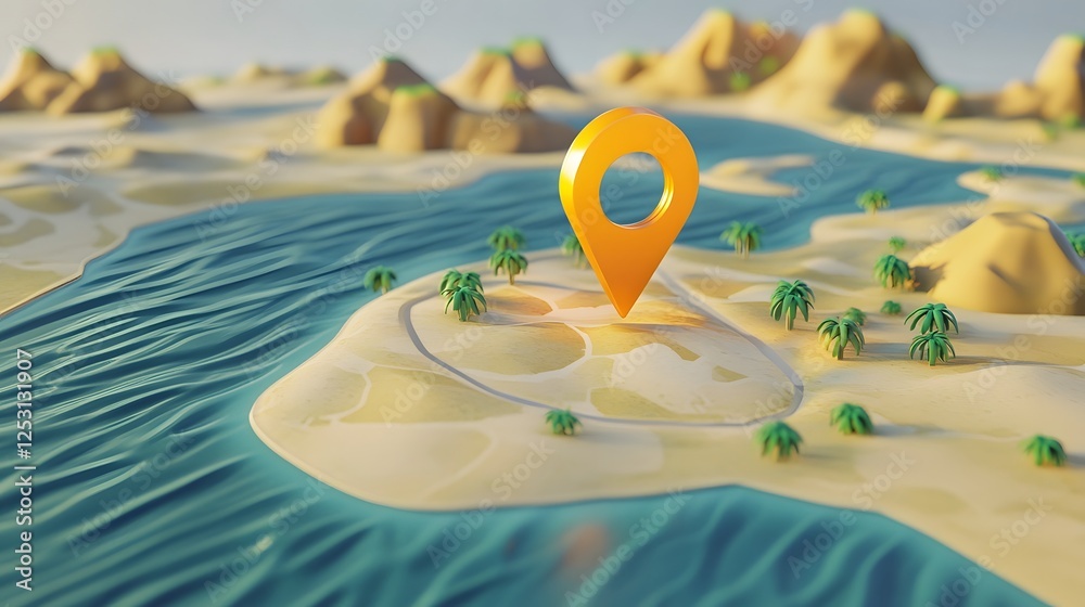 Poster Aerial perspective rendering of a stunning tropical island landscape with a GPS navigation marker pinpointing a remote idyllic vacation destination