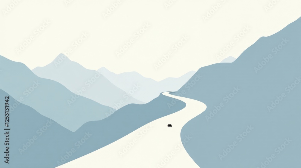 Poster serene journey a single vehicle navigates a winding road through a misty mountain range