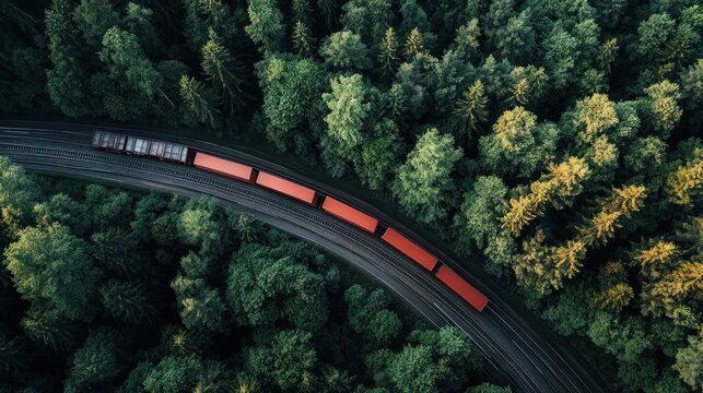Aerial View of Freight Train Winding Through Lush Forest