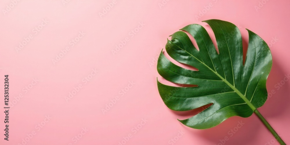 Poster a single vibrant green tropical leaf rests on a soft pink background, offering a serene and minimali