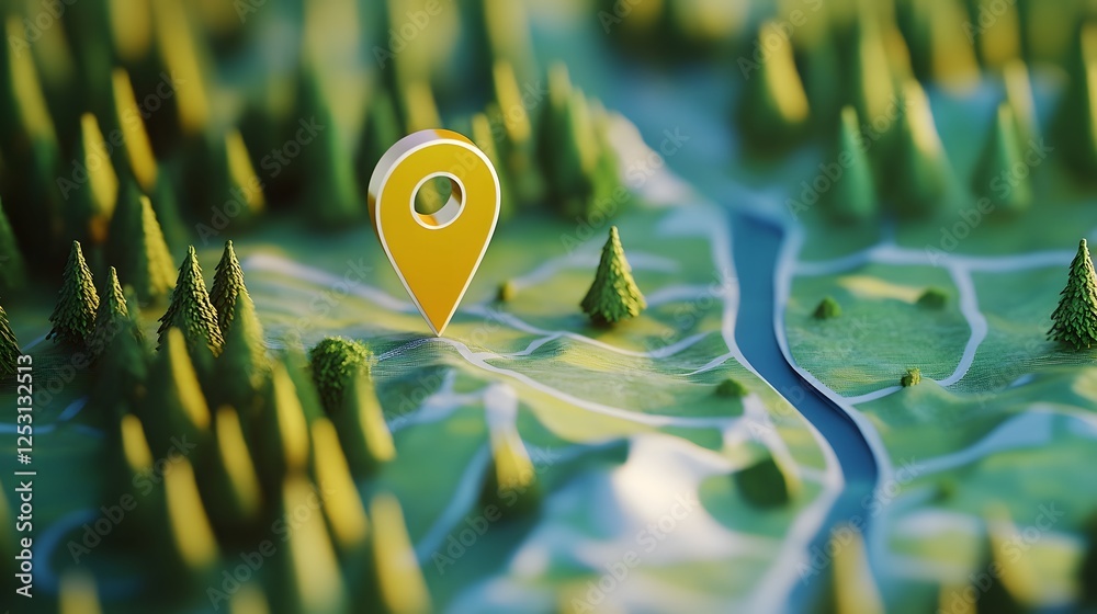 Poster Aerial view of a 3D digital navigational map with a location marker pin showcasing a conceptual visualization of geographical data and technology for journey planning