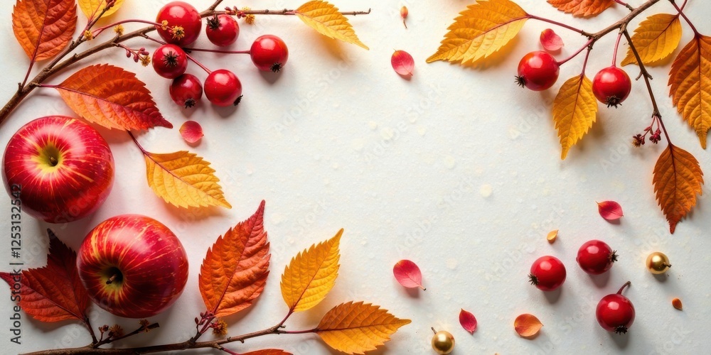 Poster Autumnal Arrangement with Red Apples and Vibrant Fall Foliage Featuring a Blank Center Space Ideal for Text or Design Elements