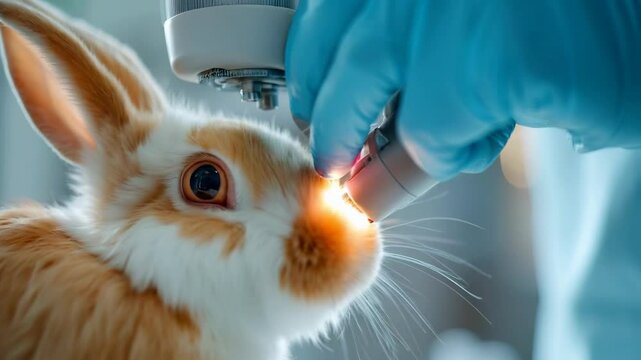 Close-Up of a Veterinarian Examining a Rabbit with An Otoscope in a Clinic Setting