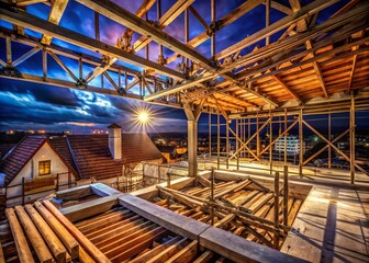 Rooftop Construction: Wooden Beams, Tiles & Metal Trusses at Night