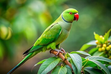 Rose-Ringed Parakeet Bird Portrait Left Side Copy Space - Vibrant Green Parrot