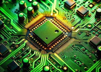Fototapeta premium Rotating Circuit Board Closeup: Green PCB with Electronic Components