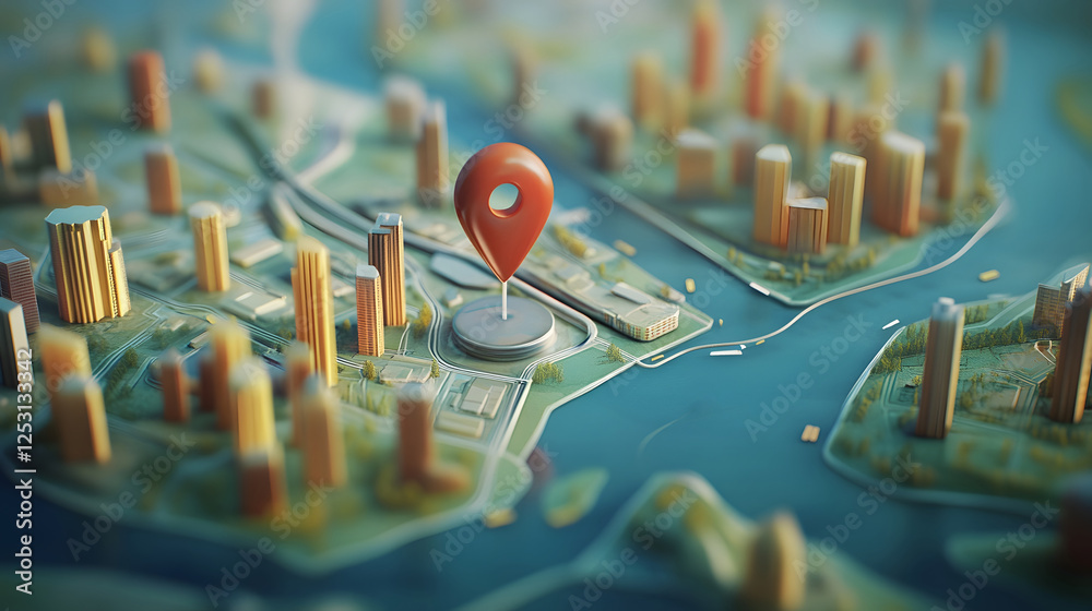 Leinwandbilder Aerial view of a bustling cityscape with a GPS navigation pin marking a specific location on a digital map  The image showcases the urban landscape skyscrapers and infrastructure