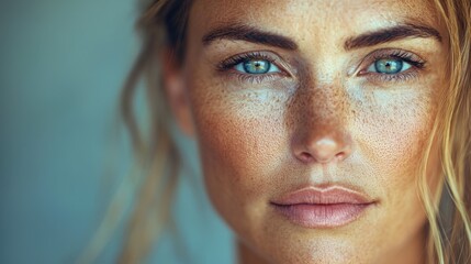 Fototapeta premium Stunning Close-Up Portrait of Freckled Woman with Blue Eyes