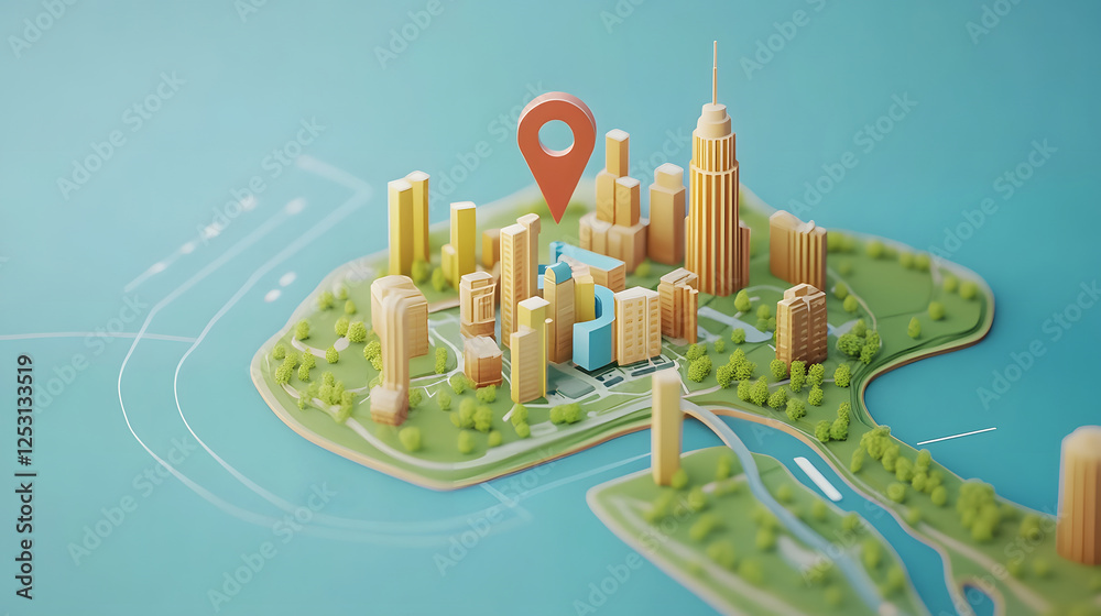 Poster aerial view of a bustling metropolitan area with various skyscrapers landmarks and gps location mark