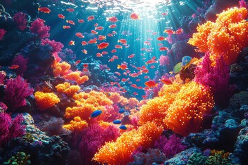 Fototapeta premium Vibrant underwater reef teeming with colorful fish and radiant coral under sunlight