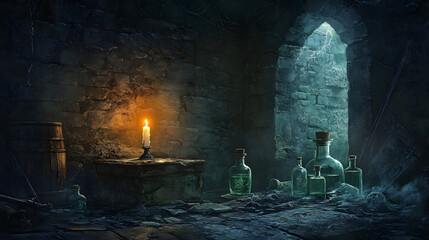 An ancient cellar with crumbling walls and a single candle illuminating vials. A chill fills the air as whispers grow louder in the dark.