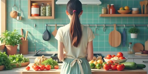Healthy Woman Preparing Fresh Organic Fruits in a Bright Modern Kitchen. healthy, lifestyle, woman, kitchen, fruits, organic, fresh, food, nutrition, wellness, diet, cooking, natural, sustainable.