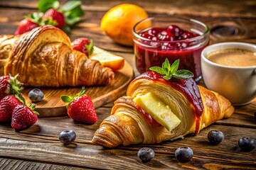 Rustic Continental Breakfast: Macro Close-up of Croissants, Jam, Butter, Fruit & Coffee