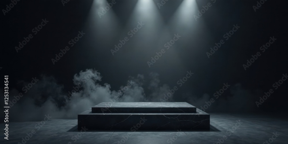 Poster Dark Marble Platform with Ethereal Fog and Spotlights An Atmospheric Presentation Setting