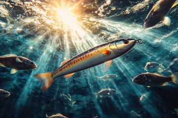 Fototapeta premium Vibrant underwater world with fishing lure and curious fish illuminated by sunlight