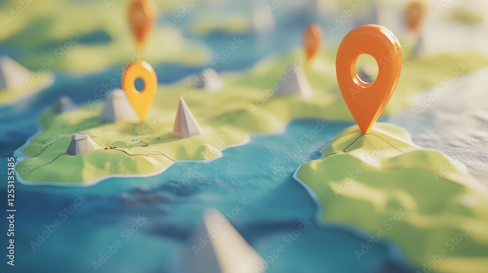 Poster Aerial view of a colorful navigational map with location markers and pins indicating various destinations for adventure outdoor recreation