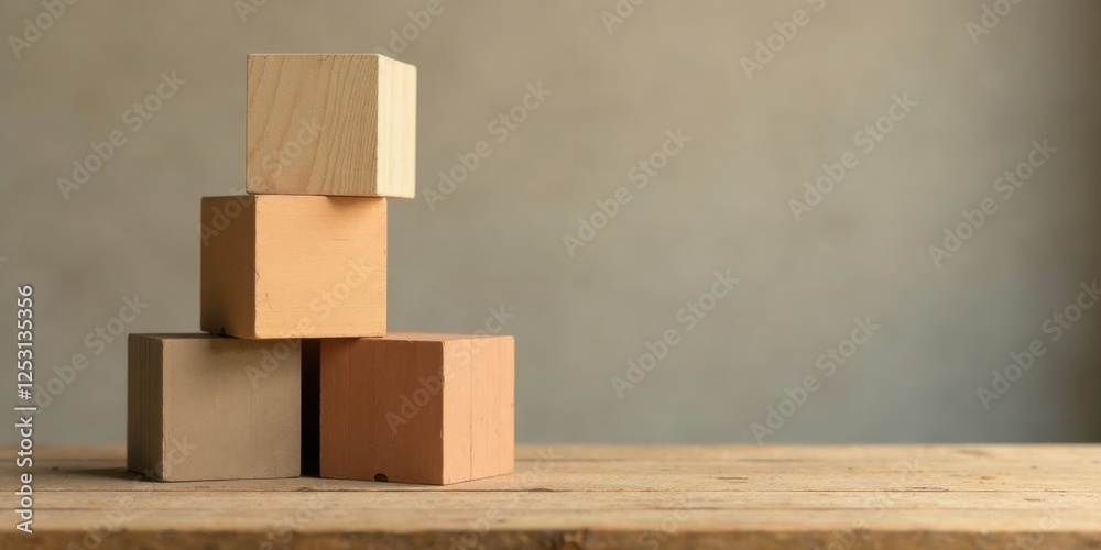 Aufkleber Wooden blocks arranged in a balanced stack on a rustic surface against a muted backdrop