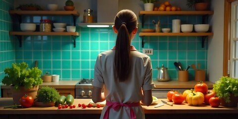 Healthy Woman Preparing Fresh Organic Fruits in a Bright Modern Kitchen. healthy, lifestyle, woman, kitchen, fruits, organic, fresh, food, nutrition, wellness, diet, cooking, natural, sustainable.
