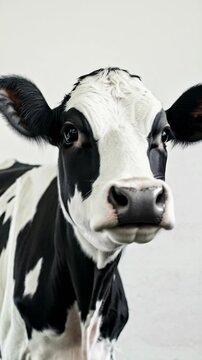 Young dairy calf standing alertly, staring directly with wide eyes against clean white studio backdrop, revealing innocent bovine characteristics