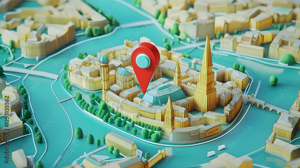 Fototapete aerial view of a detailed 3d city map model with a red location marker pinpointing a specific spot i