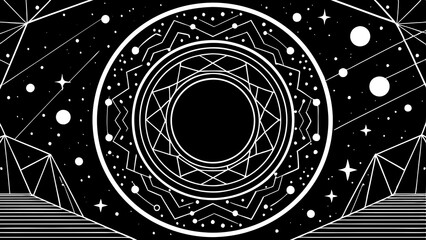 Cosmic mandala, geometric circles, starry night sky, mountains, abstract landscape, black and white illustration