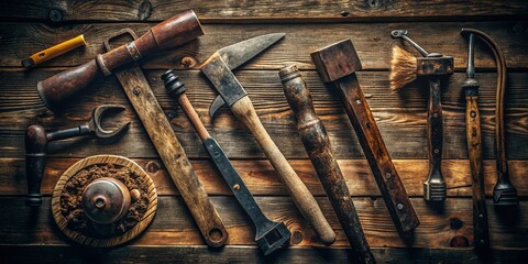 Rustic Old Tools Flat Lay:  Axe, Sledgehammer, Shovel, Saw, Rake on Wooden Background - Low Light Photography