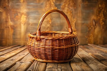 Rustic Rattan Basket with Woven Handle: Country Charm & Earthy Tones - Stock Photo