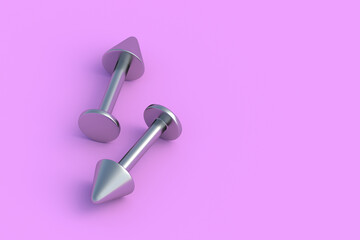Two piercing jewelry on pink background. Face and body decoration. Trendy accessory. Beauty and fashion. Copy space. 3d render