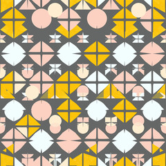 A grid of yellow, pink, and white triangles and circles arranged in a repeating design. Vector patterns, random pattern