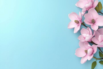 Naklejka premium A magnolia branch with soft pink blossoms and green leaves set against a pastel blue background, creating a fresh and minimalistic spring composition