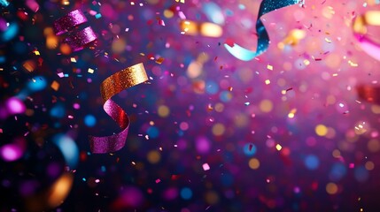 A vibrant cascade of iridescent confetti and curling ribbons floating in a dreamy, bokeh-filled space