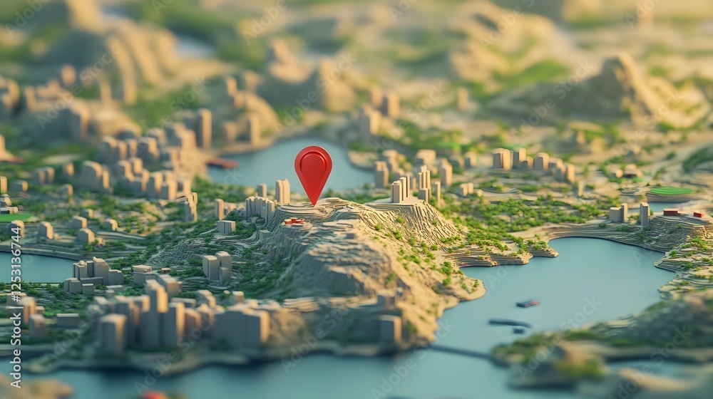 Aufkleber Aerial view of a detailed city map with a red GPS navigation pin marker highlighting a specific location or destination within the urban landscape featuring buildings roads